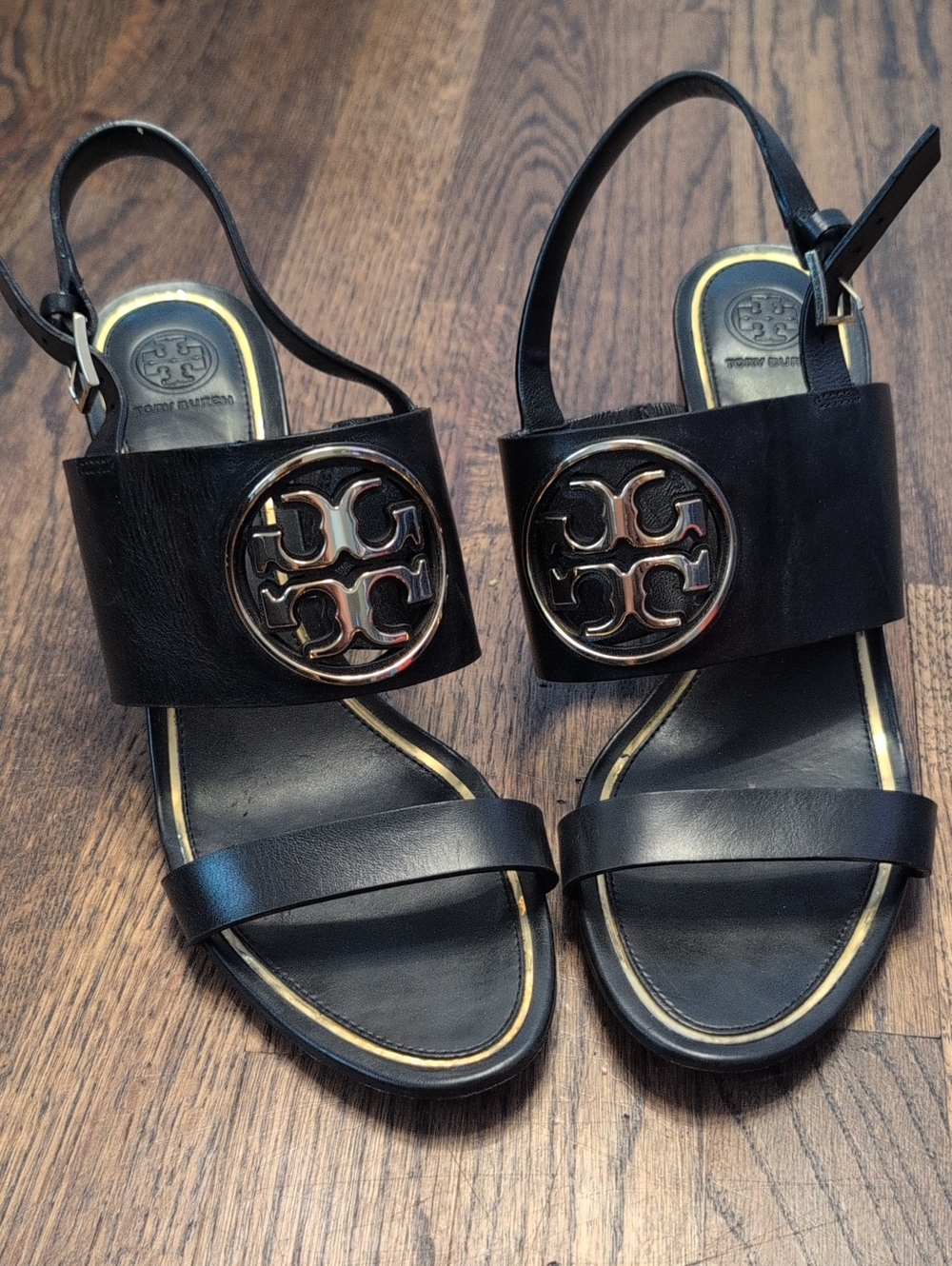 Tory Burch Black Leather Logo Medallion Slingback Wedges